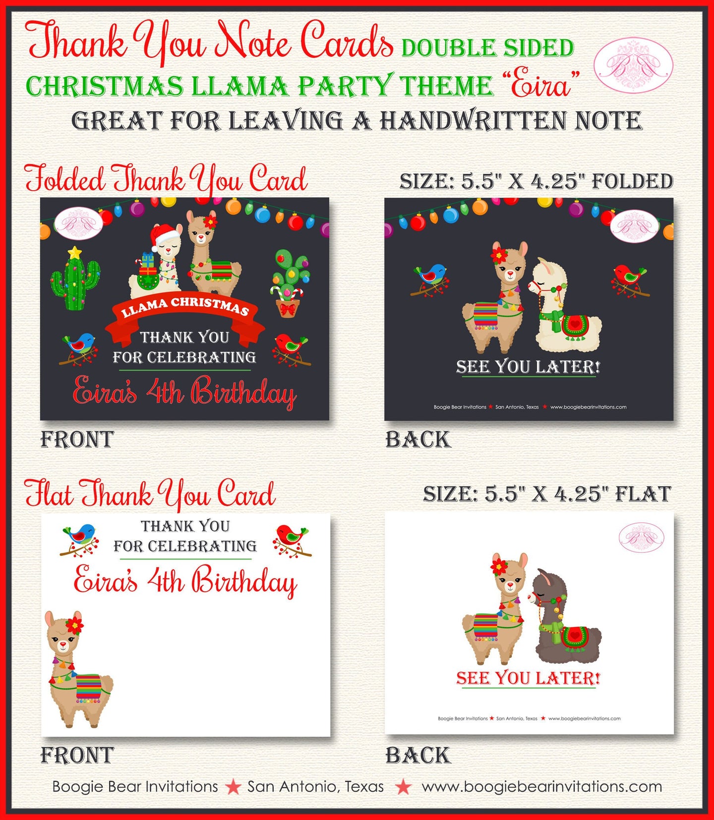 Christmas Llama Birthday Party Thank You Card Note Girl Boy Alpaca Birds Cactus Winter Chalkboard Boogie Bear Invitations Eira Theme Printed