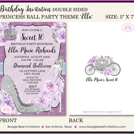 Princess Ball Birthday Party Invitation Sweet 16 Crown Purple Blue Cinderella Boogie Bear Invitations Ella Theme Paperless Printable Printed