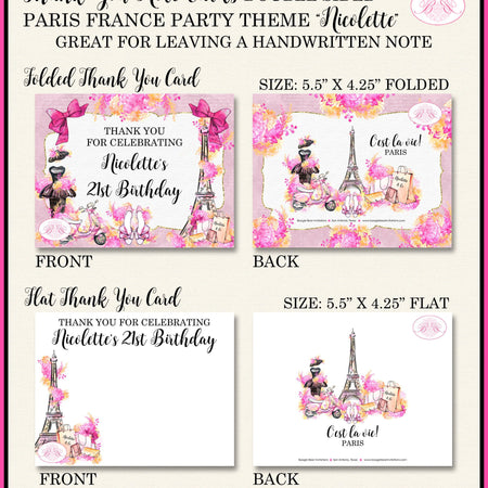 Pink Paris France Party Thank You Cards Birthday Eiffel Tower French Fashion Shopping Vespa Boogie Bear Invitations Nicolette Theme Printed