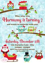 Load image into Gallery viewer, Christmas Owls Birthday Party Invitation Snow Red Green Girl Boy Winter Woodland Birds Boogie Bear Harmony Theme Paperless Printable Printed