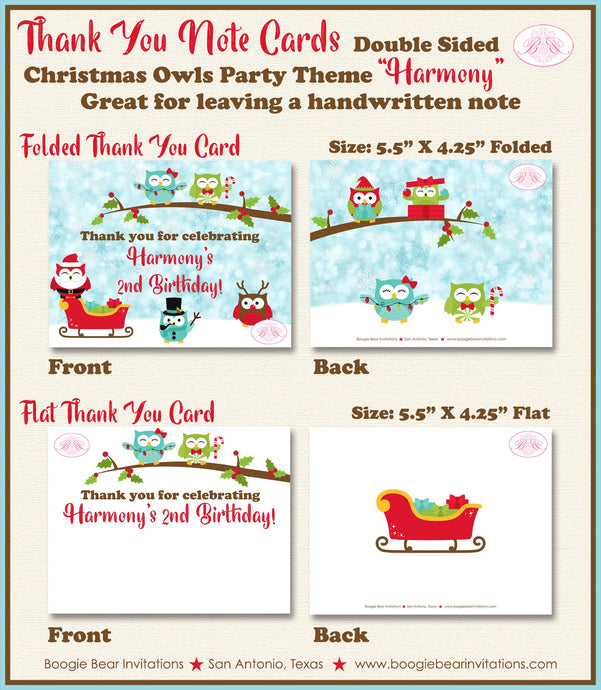 Christmas Owls Party Thank You Card Birthday Note Girl Boy Snow Red Green Winter Woodland Bird Boogie Bear Invitations Harmony Theme Printed