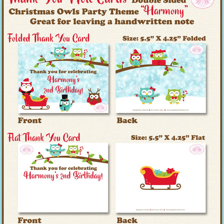 Christmas Owls Party Thank You Card Birthday Note Girl Boy Snow Red Green Winter Woodland Bird Boogie Bear Invitations Harmony Theme Printed