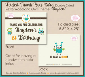 Forest Owls Party Thank You Card Note Birthday Boy Girl Retro Woodland Birds Rustic Vintage Kid Boogie Bear Invitations Kayden Theme Printed