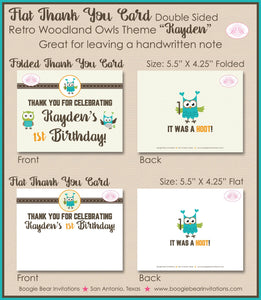 Forest Owls Party Thank You Card Note Birthday Boy Girl Retro Woodland Birds Rustic Vintage Kid Boogie Bear Invitations Kayden Theme Printed