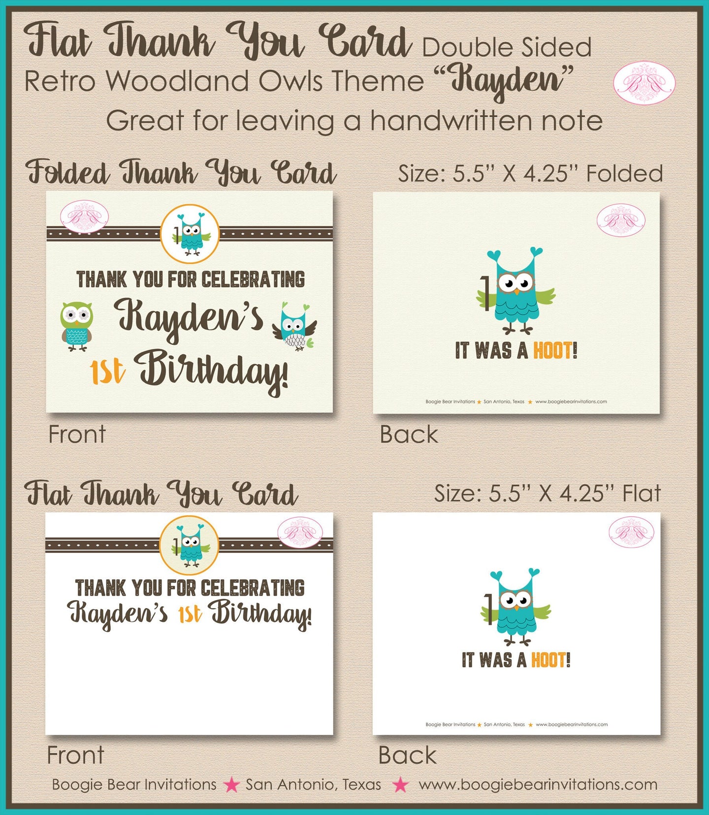 Forest Owls Party Thank You Card Note Birthday Boy Girl Retro Woodland Birds Rustic Vintage Kid Boogie Bear Invitations Kayden Theme Printed