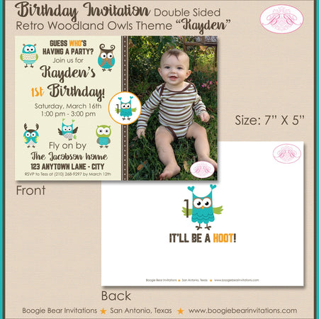 Forest Owls Birthday Party Invitation Photo Boy Girl Retro Woodland Birds Boogie Bear Invitations Kayden Theme Paperless Printable Printed