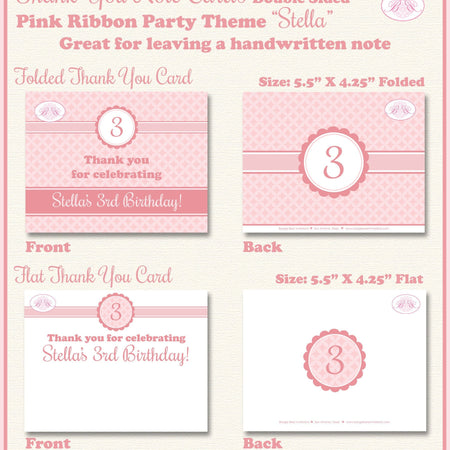Pink Ribbon Party Thank You Note Card Birthday Note Elegant Girl Formal Soft Flower Deco Circle Diamond Boogie Bear Invitations Stella Theme