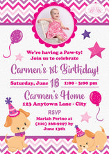 Load image into Gallery viewer, Pink Puppy Birthday Party Invitation Photo Girl Dog Purple Pet Paw Pawty Boogie Bear Invitations Carmen Theme Paperless Printable Printed
