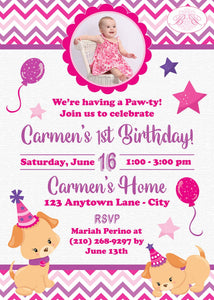 Pink Puppy Birthday Party Invitation Photo Girl Dog Purple Pet Paw Pawty Boogie Bear Invitations Carmen Theme Paperless Printable Printed