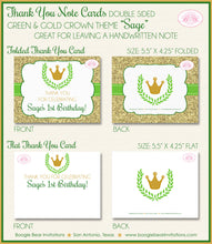 Load image into Gallery viewer, Green Gold Crown Party Thank You Card Note Birthday Royal King Queen Boy Girl Castle Jewel Laurel Boogie Bear Invitations Sage Theme Printed