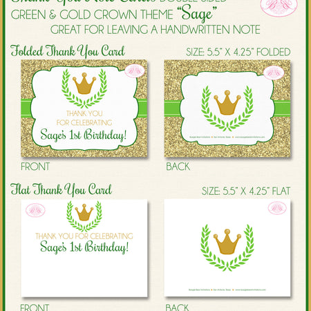 Green Gold Crown Party Thank You Card Note Birthday Royal King Queen Boy Girl Castle Jewel Laurel Boogie Bear Invitations Sage Theme Printed