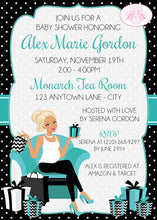 Load image into Gallery viewer, Modern Chic Blue Baby Shower Invitation Boy Girl Black Teal Aqua Turquoise Boogie Bear Invitations Alex Theme Paperless Printable Printed