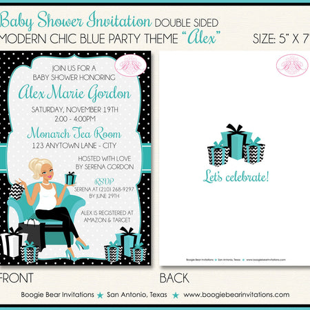 Modern Chic Blue Baby Shower Invitation Boy Girl Black Teal Aqua Turquoise Boogie Bear Invitations Alex Theme Paperless Printable Printed