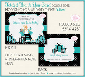 Modern Chic Blue Party Thank You Card Favor Note Baby Shower Boy Girl Black Teal Aqua Turquoise Boogie Bear Invitations Alex Theme Printed