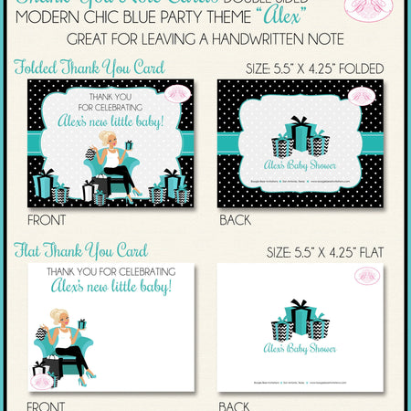 Modern Chic Blue Party Thank You Card Favor Note Baby Shower Boy Girl Black Teal Aqua Turquoise Boogie Bear Invitations Alex Theme Printed