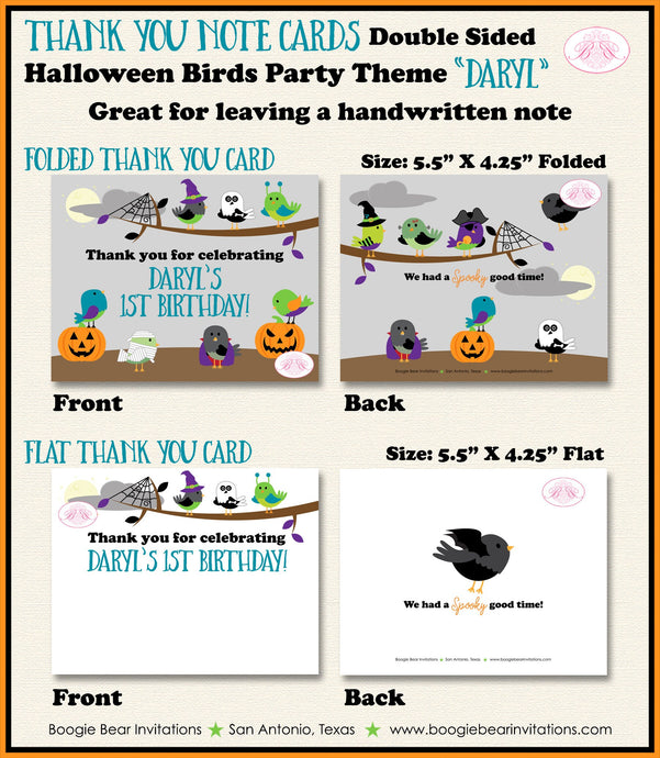 Halloween Birds Party Thank You Card Note Birthday Boy Girl Costume Spider Web Witch Woodland Boogie Bear Invitations Daryl Theme Printed