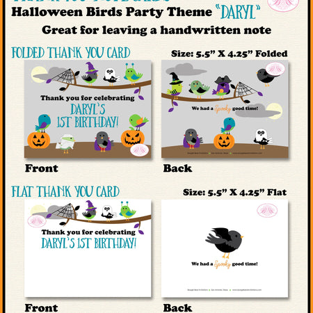 Halloween Birds Party Thank You Card Note Birthday Boy Girl Costume Spider Web Witch Woodland Boogie Bear Invitations Daryl Theme Printed
