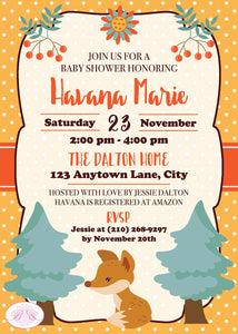Woodland Fox Baby Shower Invitation Party Boy Girl Forest Tree Autumn Fall Boogie Bear Invitations Havana Theme Paperless Printable Printed