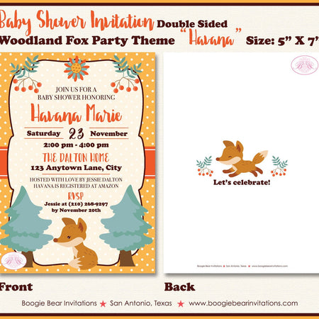 Woodland Fox Baby Shower Invitation Party Boy Girl Forest Tree Autumn Fall Boogie Bear Invitations Havana Theme Paperless Printable Printed