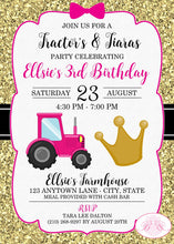 Load image into Gallery viewer, Tractors Tiaras Birthday Party Invitation Pink Gold Black Farm Girl Cowgirl Boogie Bear Invitations Ellsie Theme Paperless Printable Printed