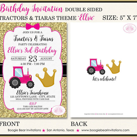 Tractors Tiaras Birthday Party Invitation Pink Gold Black Farm Girl Cowgirl Boogie Bear Invitations Ellsie Theme Paperless Printable Printed