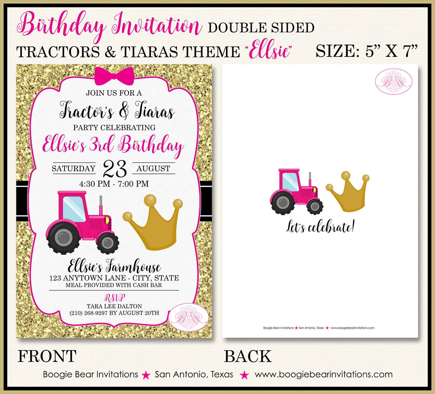Tractors Tiaras Birthday Party Invitation Pink Gold Black Farm Girl Cowgirl Boogie Bear Invitations Ellsie Theme Paperless Printable Printed