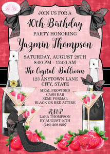 Red Strawberry Birthday Party Invitation Champagne Drink Black Cocktails Boogie Bear Invitations Yazmin Theme Paperless Printable Printed