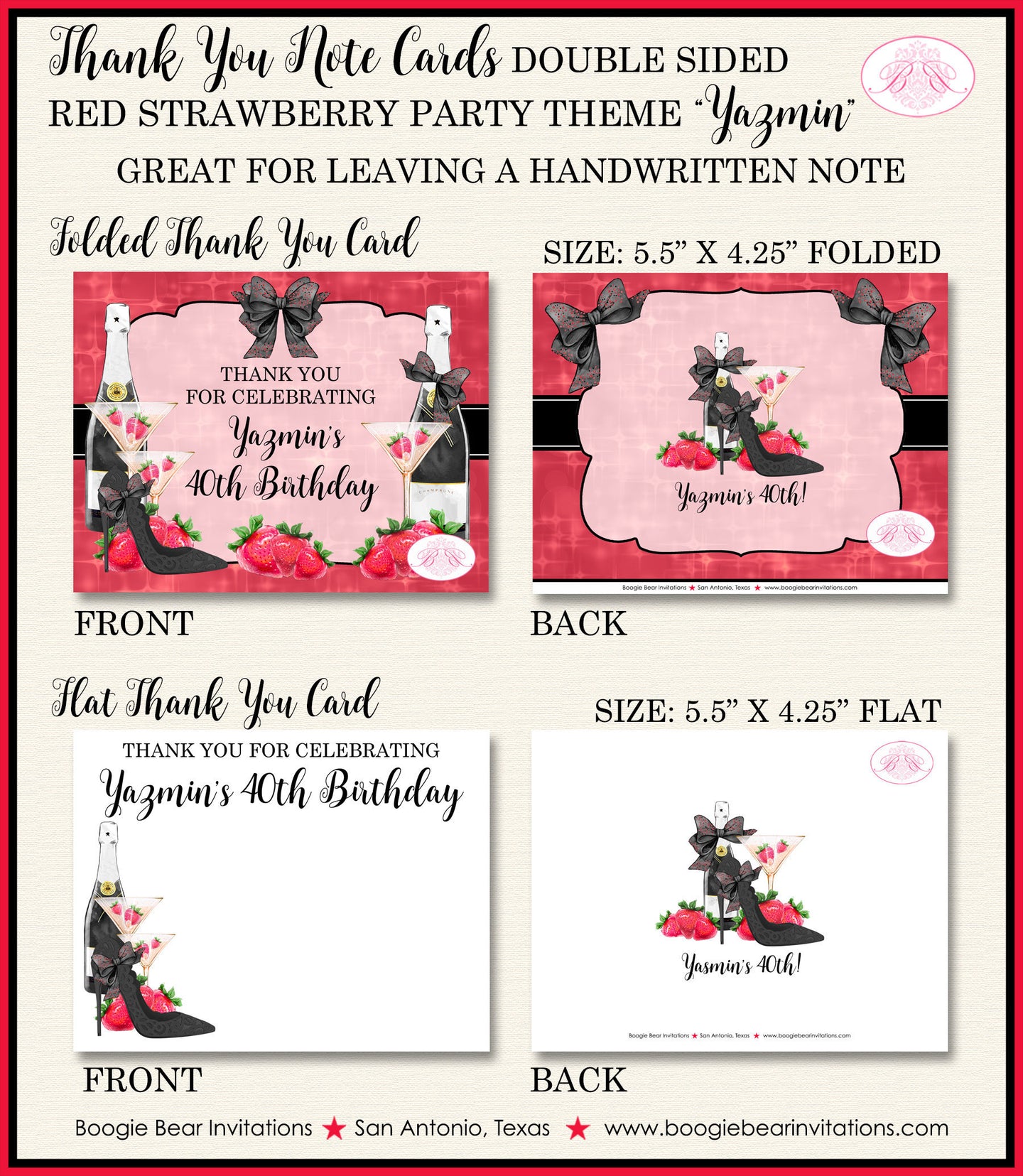 Red Strawberry Party Thank You Cards Birthday Favor Note Champagne Berry Drink Black Cocktails Boogie Bear Invitations Yazmin Theme Printed
