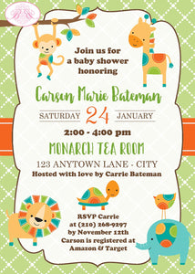 Wild Zoo Animals Baby Shower Invitation Boy Girl Safari Monkey Giraffe Bird Boogie Bear Invitations Carson Theme Paperless Printable Printed