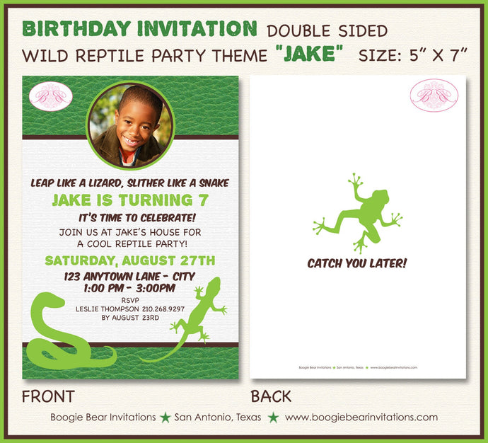 Reptile Photo Birthday Party Invitation Snake Frog Lizard Wild Amphibian Boy Boogie Bear Invitations Jake Theme Paperless Printable Printed