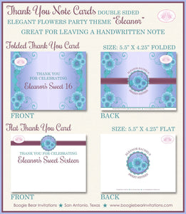 Elegant Flowers Party Thank You Card Birthday Note Flower Garden Purple Girl Teal Sweet 16 1st Boogie Bear Invitations Eleanor Theme Printed