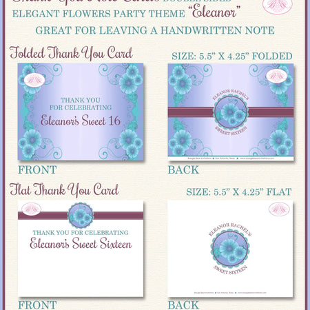 Elegant Flowers Party Thank You Card Birthday Note Flower Garden Purple Girl Teal Sweet 16 1st Boogie Bear Invitations Eleanor Theme Printed