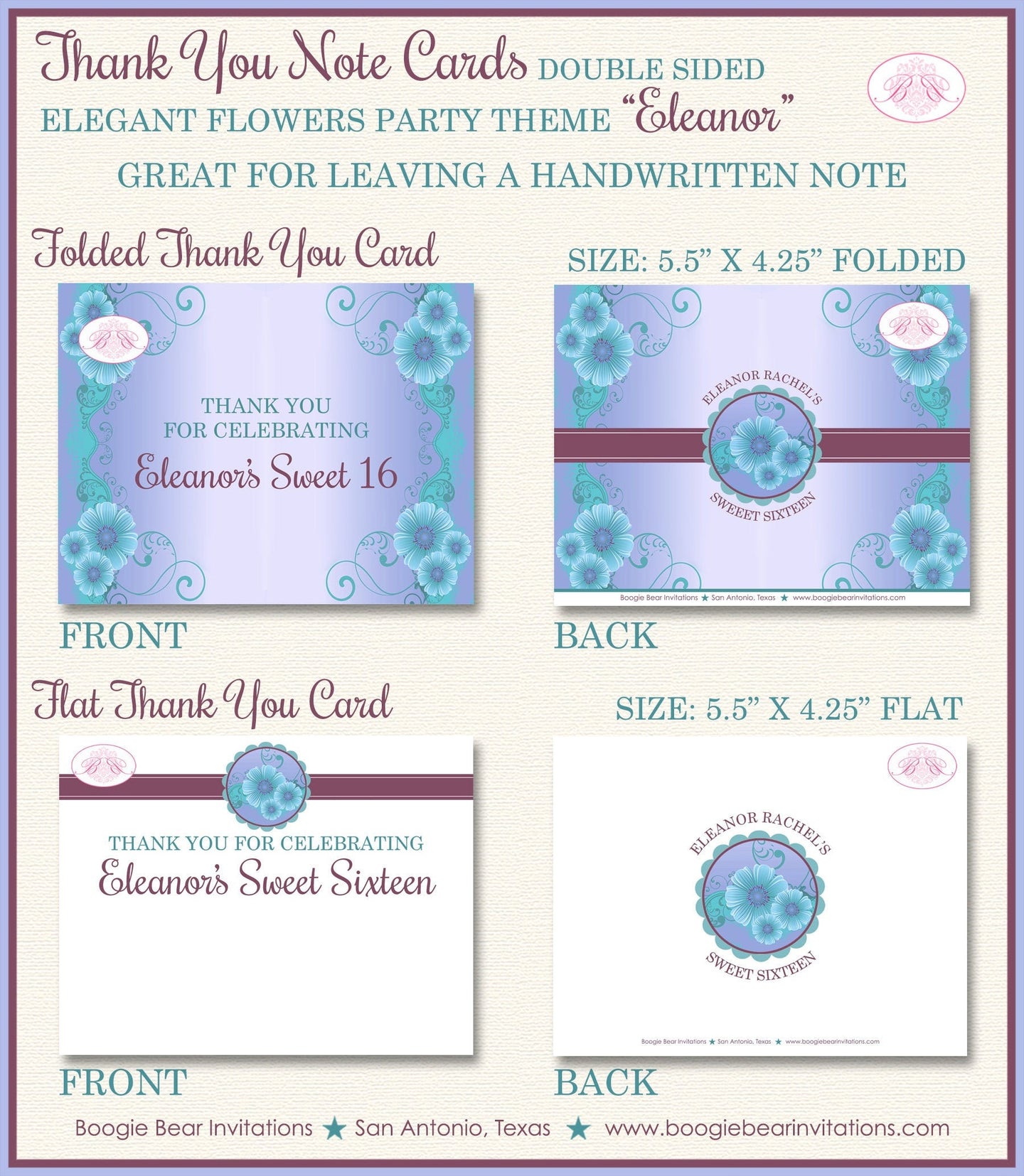 Elegant Flowers Party Thank You Card Birthday Note Flower Garden Purple Girl Teal Sweet 16 1st Boogie Bear Invitations Eleanor Theme Printed