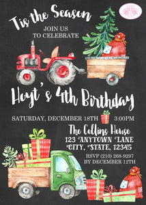 Christmas Tractor Birthday Party Invitation Truck Red Green Tree Chalkboard Farm Country Trailer Boogie Bear Invitations Hoyt Theme Printed