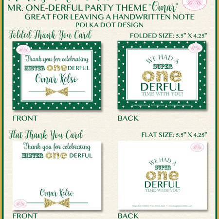 Mr. Wonderful Party Thank You Card Birthday Bow Tie Little Man Boy Green Gold ONE Onederful 1st Boogie Bear Invitations Omar Theme Printed