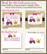Load image into Gallery viewer, Tractors Tiaras Party Thank You Card Birthday Note Pink Gold Black Farm Country Girl Princess Boogie Bear Invitations Ellsie Theme Printed