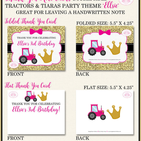 Tractors Tiaras Party Thank You Card Birthday Note Pink Gold Black Farm Country Girl Princess Boogie Bear Invitations Ellsie Theme Printed
