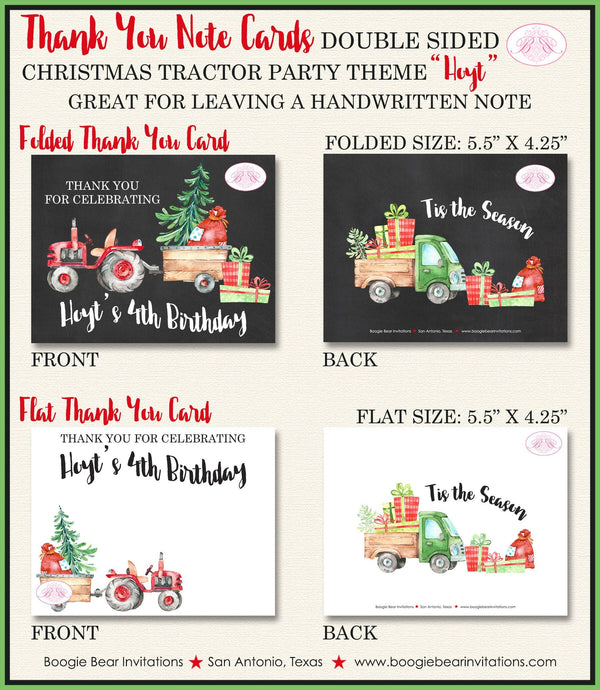 Christmas Tractor Party Thank You Card Birthday Note Truck Red Green Tree Chalkboard Farm Country Boogie Bear Invitations Hoyt Theme Printed