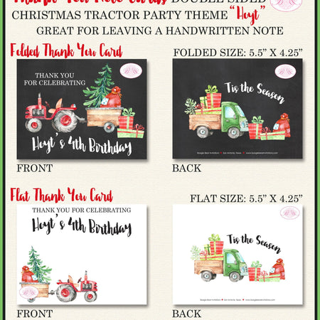 Christmas Tractor Party Thank You Card Birthday Note Truck Red Green Tree Chalkboard Farm Country Boogie Bear Invitations Hoyt Theme Printed