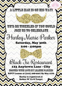 Mustache Bash Baby Shower Invitation Bow Tie Party Little Man Black Gold Boogie Bear Invitations Harley Theme Paperless Printable Printed