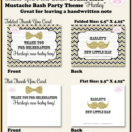 Mustache Bash Party Thank You Card Note Baby Shower Bow Tie Little Man Boy Black Gold Onederful Boogie Bear Invitations Harley Theme Printed