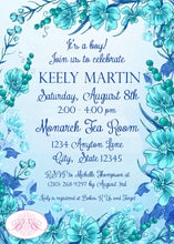 Load image into Gallery viewer, Blue Flower Garden Baby Shower Invitation Party Boy Girl Aqua Turquoise Teal Boogie Bear Invitations Keely Theme Paperless Printable Printed