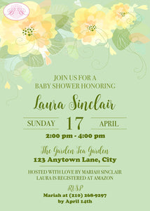 Flower Garden Baby Shower Invitation Spring Summer Floral Yellow Peach Green Boogie Bear Invitations Laura Theme Paperless Printable Printed