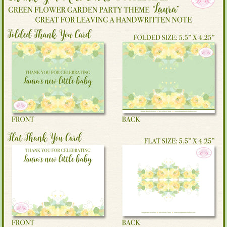 Flower Garden Green Thank You Card Note Baby Shower Party Spring Summer Floral Grow Yellow Green Boogie Bear Invitations Laura Theme Printed