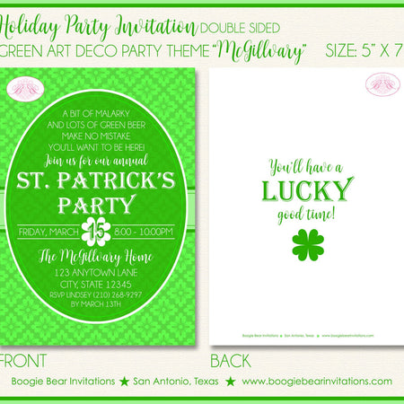St. Patrick's Day Party Invitation Irish Green Lucky Shamrock Art Deco Boogie Bear Invitations McGillvary Theme Paperless Printable Printed