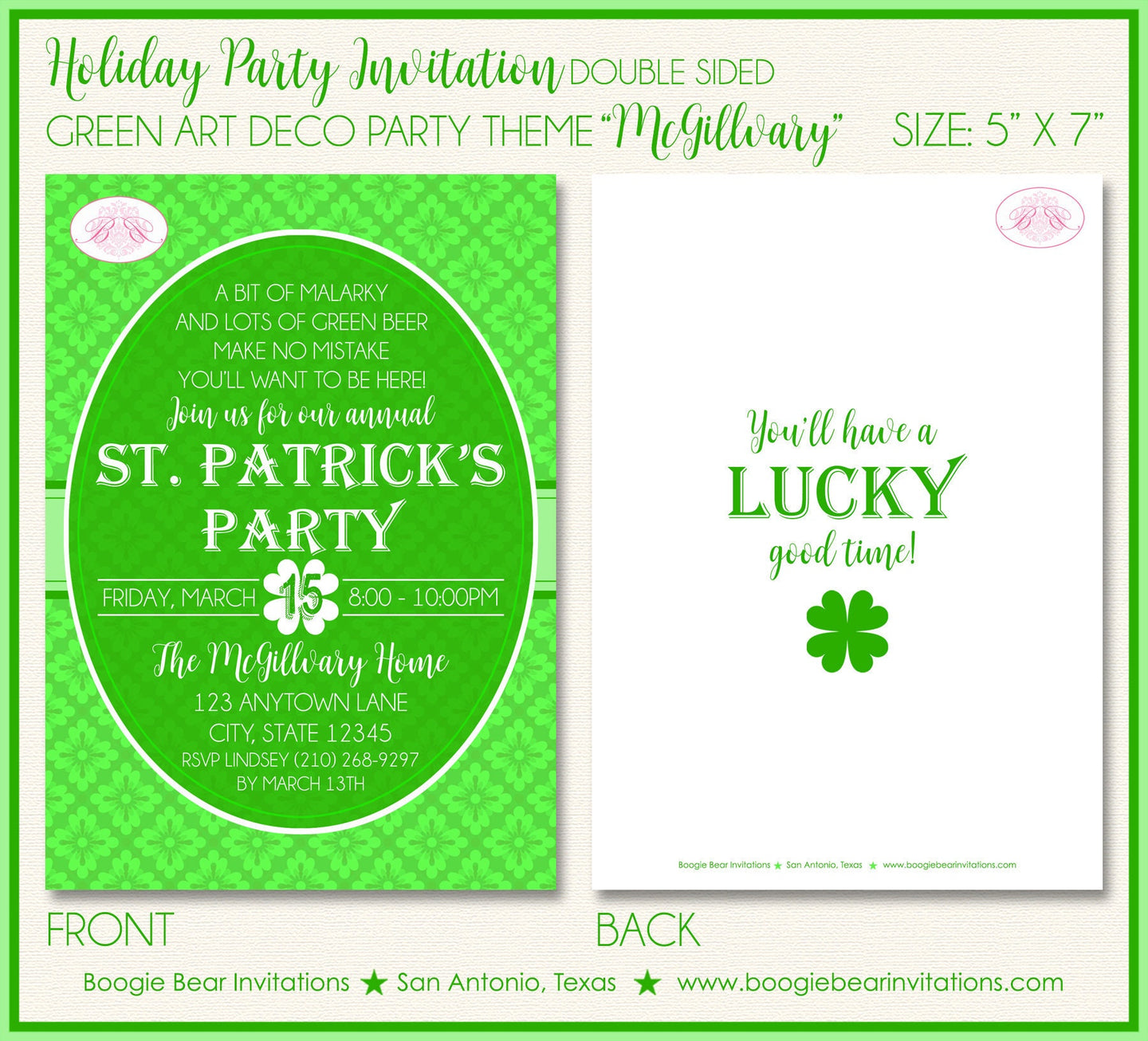 St. Patrick's Day Party Invitation Irish Green Lucky Shamrock Art Deco Boogie Bear Invitations McGillvary Theme Paperless Printable Printed