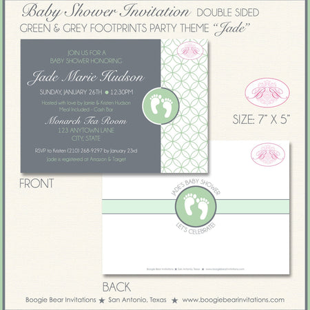 Green Grey Footprints Baby Shower Invitation Gender Neutral Circle Boy Girl Boogie Bear Invitations Jade Theme Paperless Printable Printed