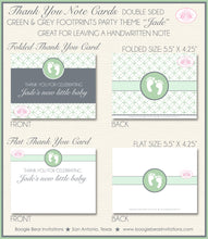 Load image into Gallery viewer, Green Grey Footprints Baby Shower Thank You Note Card Party Gender Neutral Reveal Circle Boy Girl Boogie Bear Invitations Jade Theme Printed