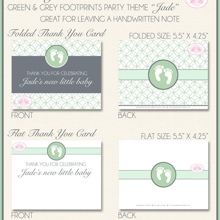 Green Grey Footprints Baby Shower Thank You Note Card Party Gender Neutral Reveal Circle Boy Girl Boogie Bear Invitations Jade Theme Printed