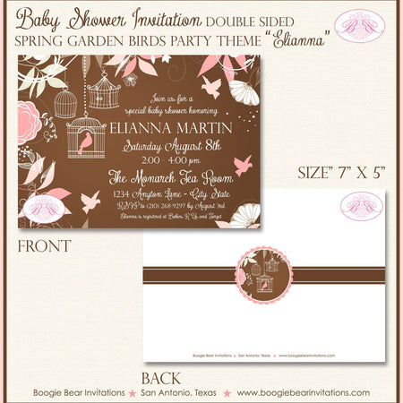 Bird Flower Garden Baby Shower Invitation Pink Cage Spring Brown Girl 1st Boogie Bear Invitations Elianna Theme Paperless Printable Printed